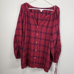 C Cato Est 1946 Womens Top Burgundy Blue Drawstring Sleeve Size 26/28W